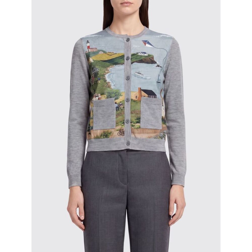 Thom Browne Slim Fit Cardigan In Cashmere And Silk With Graphic Print